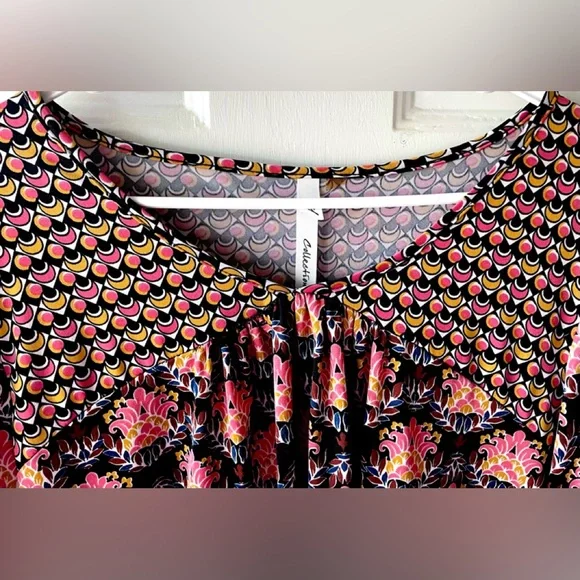 NY Collection Pink Black Boho Print Double Ruffle Bell Sleeve Knit Blouse 2X ? - Picture 2 of 6